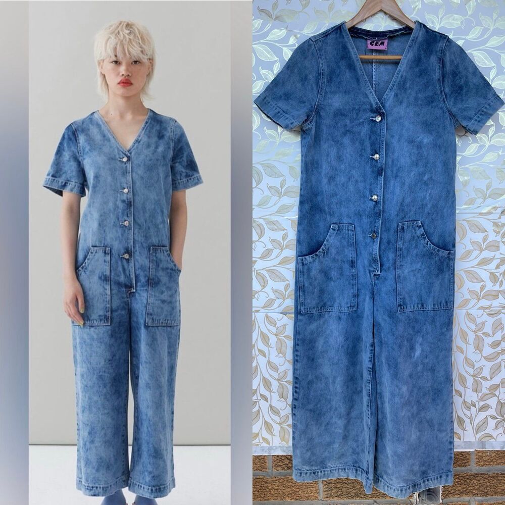G.E.M. Lazy Oaf Denim Jumpsuit Acid Wash Wide Leg Heart Patch Utility Romper 6